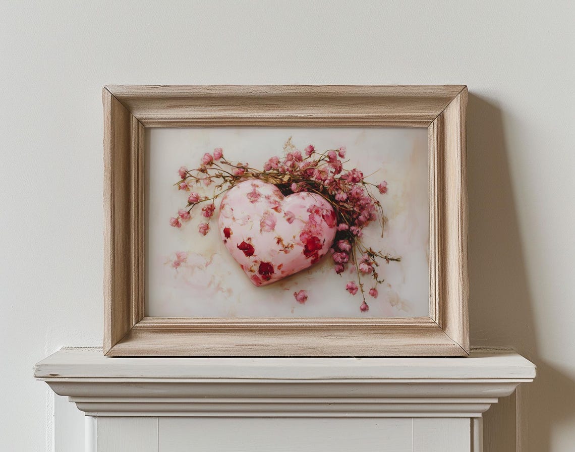 Pink Floral Heart with Baby's Breath Blossoms Romantic Valentine Print - Image 3