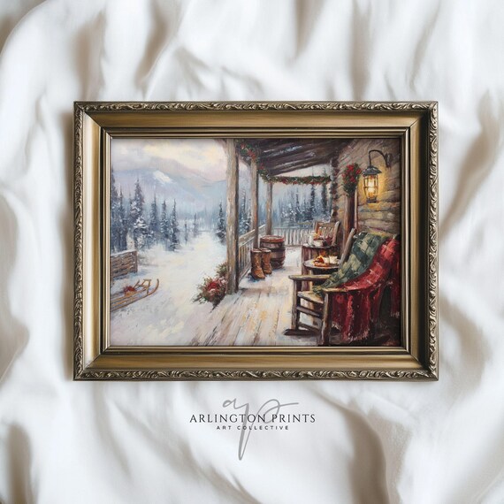 Snowy Christmas Cabin Porch With Rocking Chair Winter Art Print