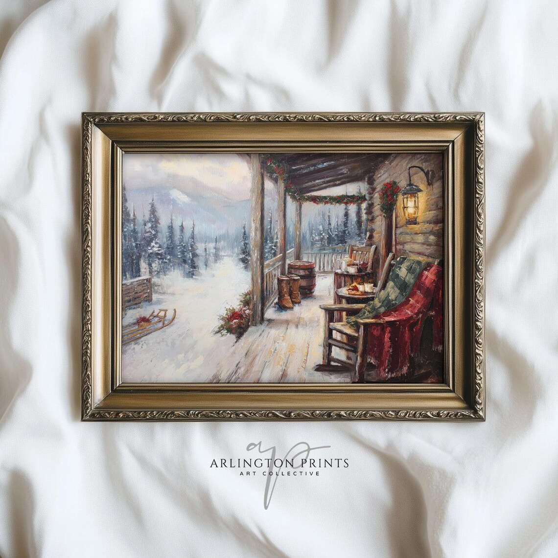 Snowy Christmas Cabin Porch With Rocking Chair Winter Art Print
