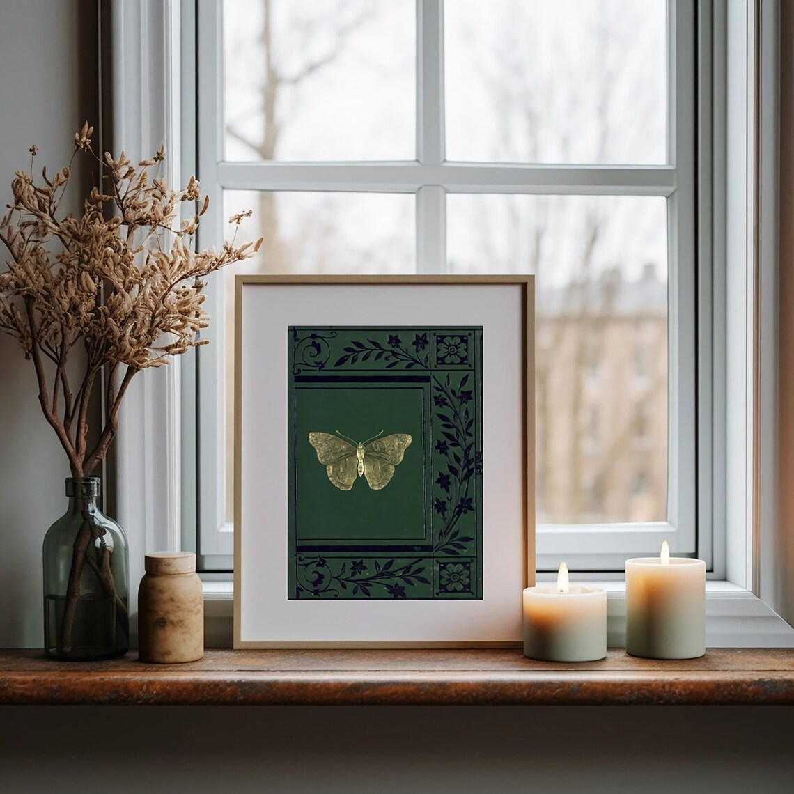 Vintage Green Book Cover With Gold Butterfly Library Art Poster - Image 2