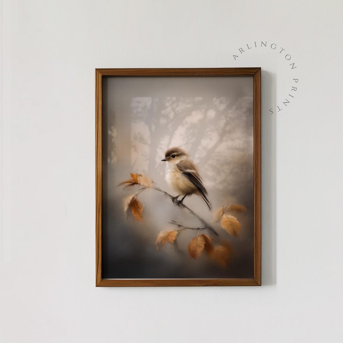 Tiny Bird On Autumn Branch Misty Neutral Fall Painting Wall Art