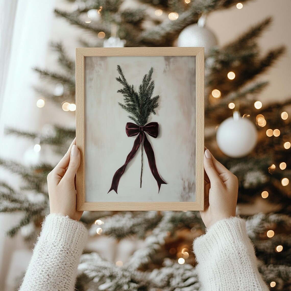 Evergreen Pine Branch Burgundy Velvet Bow Rustic Christmas Wall Print - Image 4