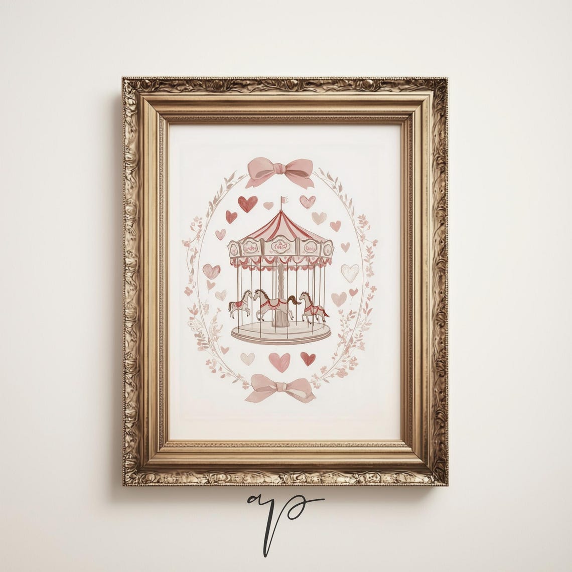 Pink Carousel Hearts and Bows Nursery Coquette Romantic Poster - Image 4