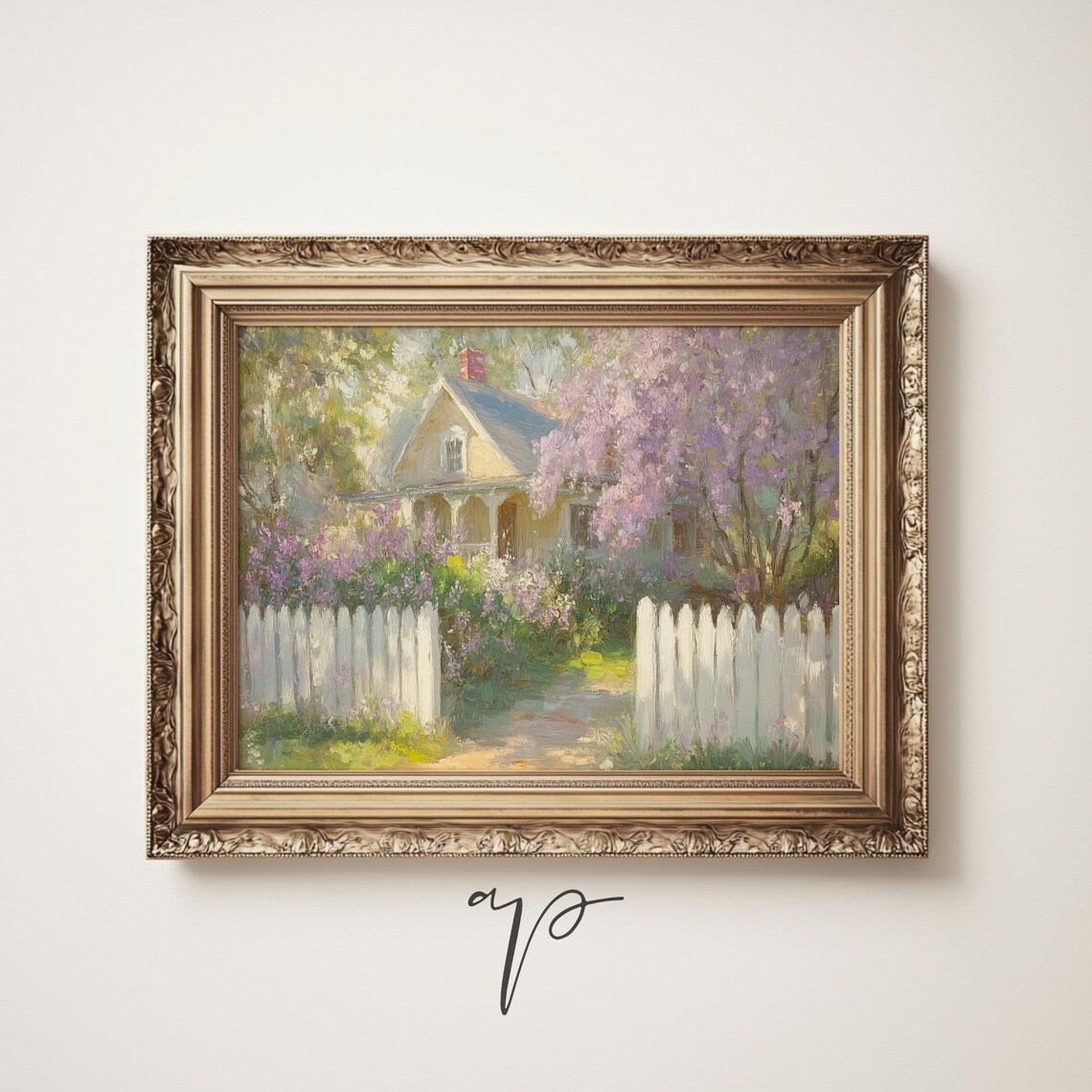 Spring Cottage With White Picket Fence Blooming Trees Pastel Art Poster