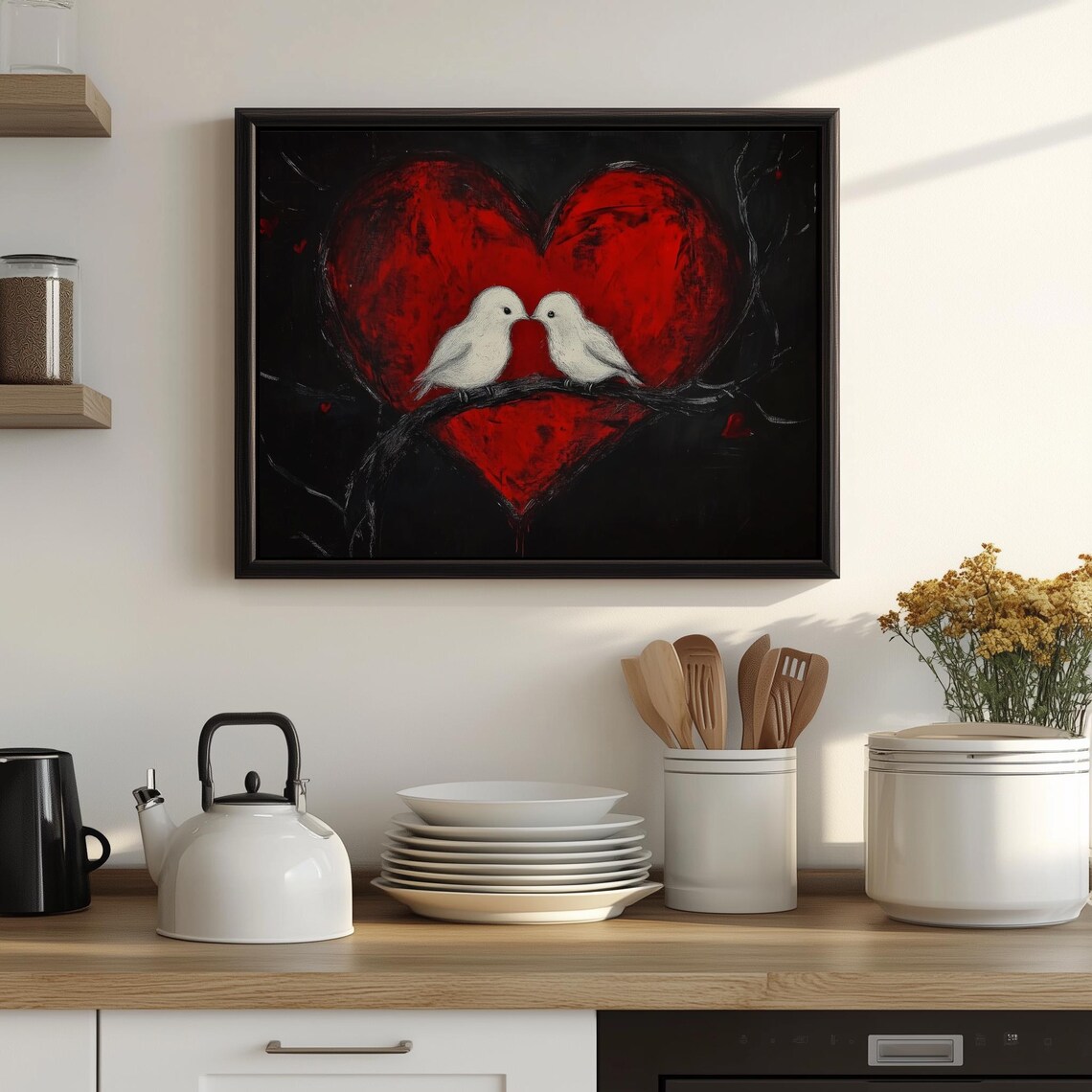 White Love Birds Kissing Red Heart Moody Romantic Valentine Poster - Image 3