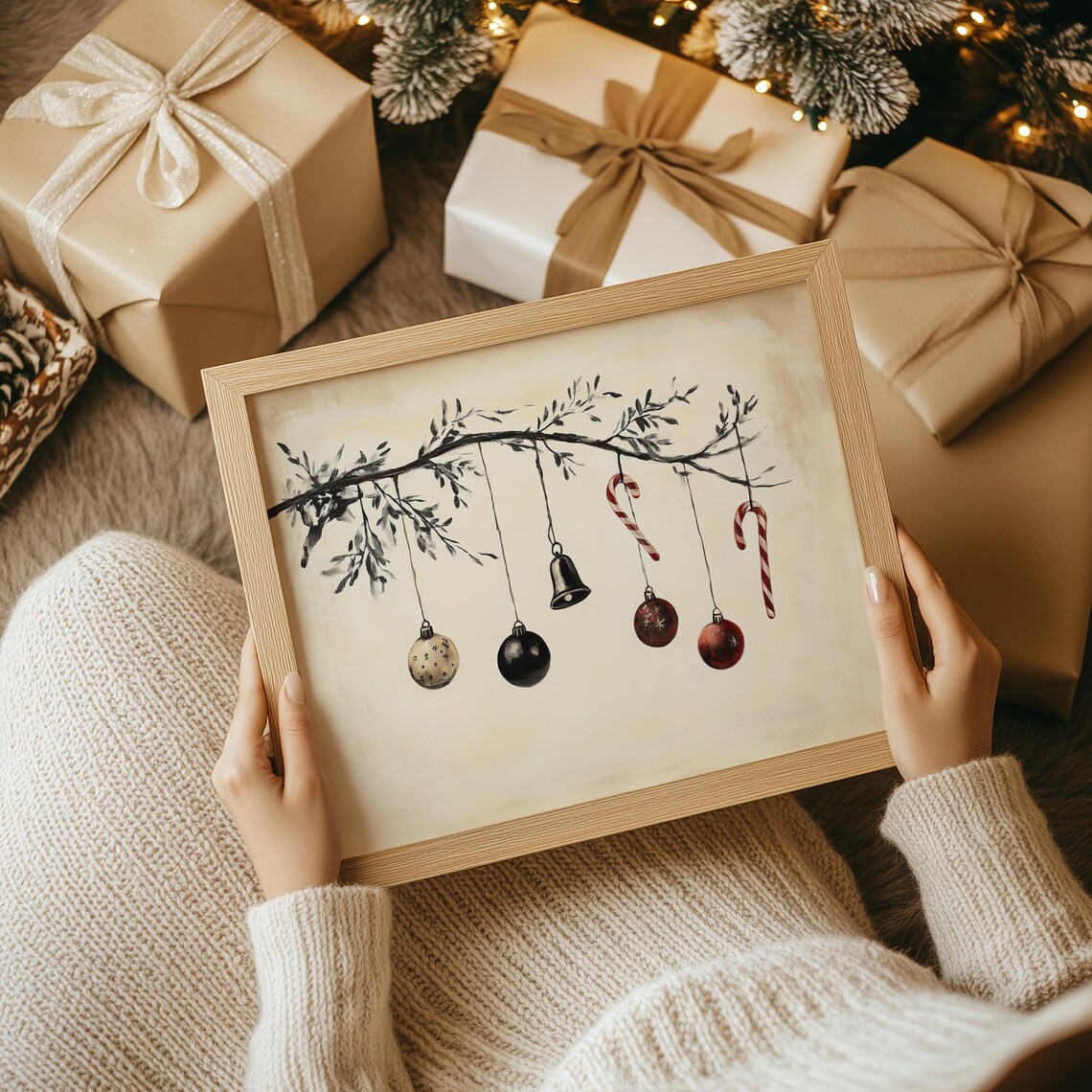 Christmas Ornaments Candy Canes Branch Vintage Holiday Wall Print - Image 4