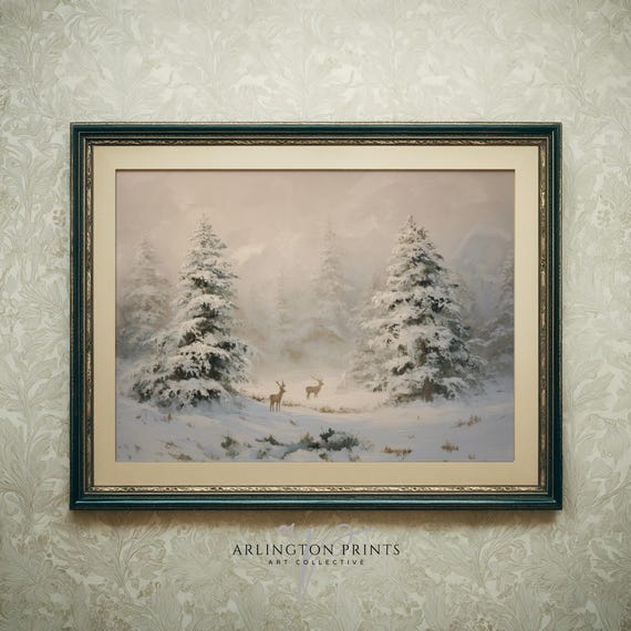 Winter Forest Deer Painting Neutral Landscape Cozy Lodge Wall Art R620