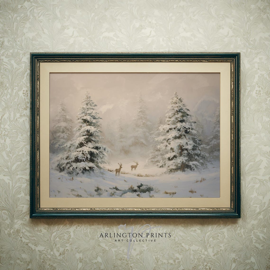 Winter Forest Deer Neutral Misty Snowy Lodge Landscape Art Poster