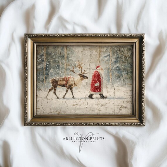 Rustic Santa Walking With Reindeer Snowy Forest Christmas Art Poster