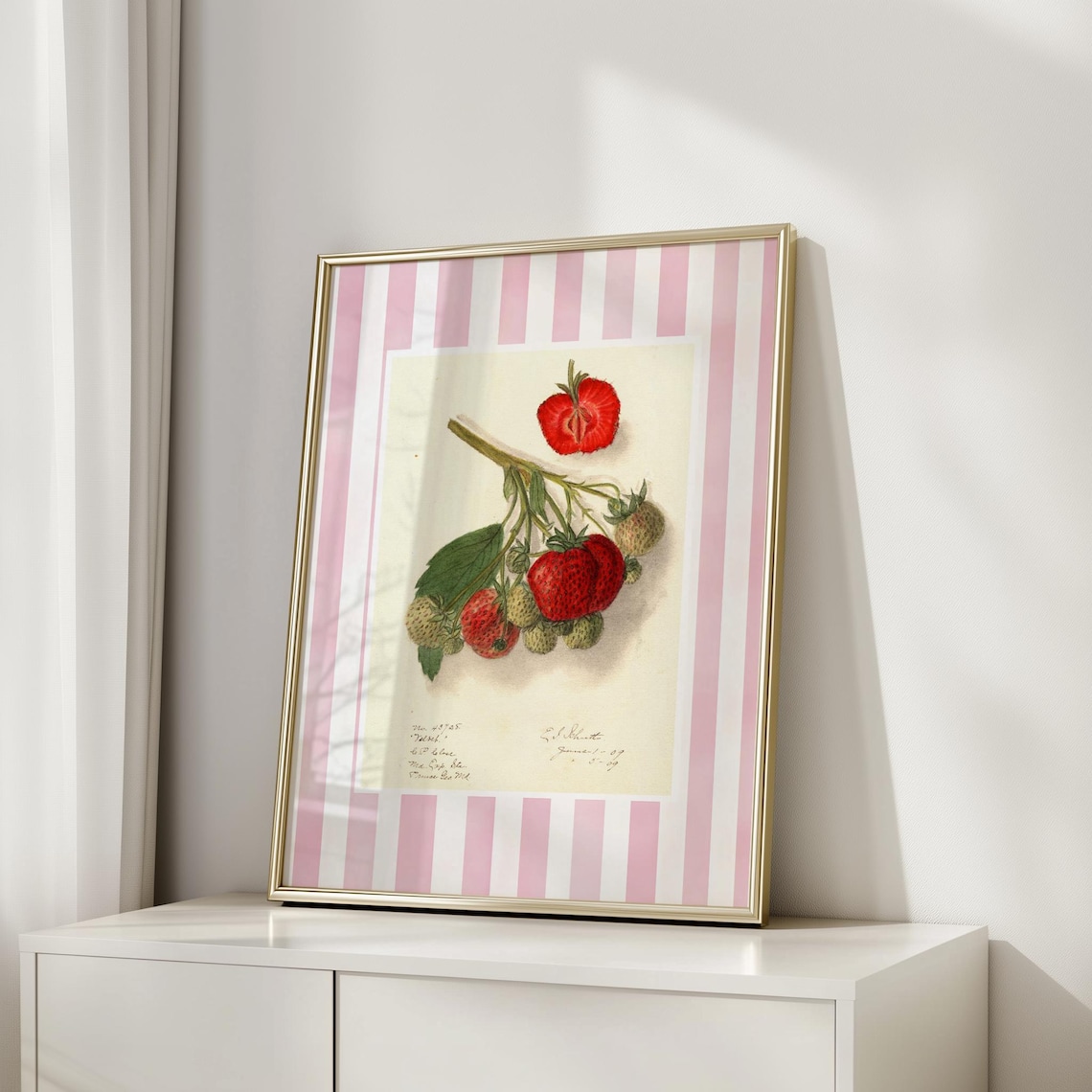 Strawberry Botanical Vintage Fruit Illustration Pink Stripe Poster - Image 4