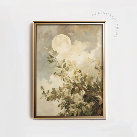 Rustic Full Moon Art Print, Muted Sky Painting