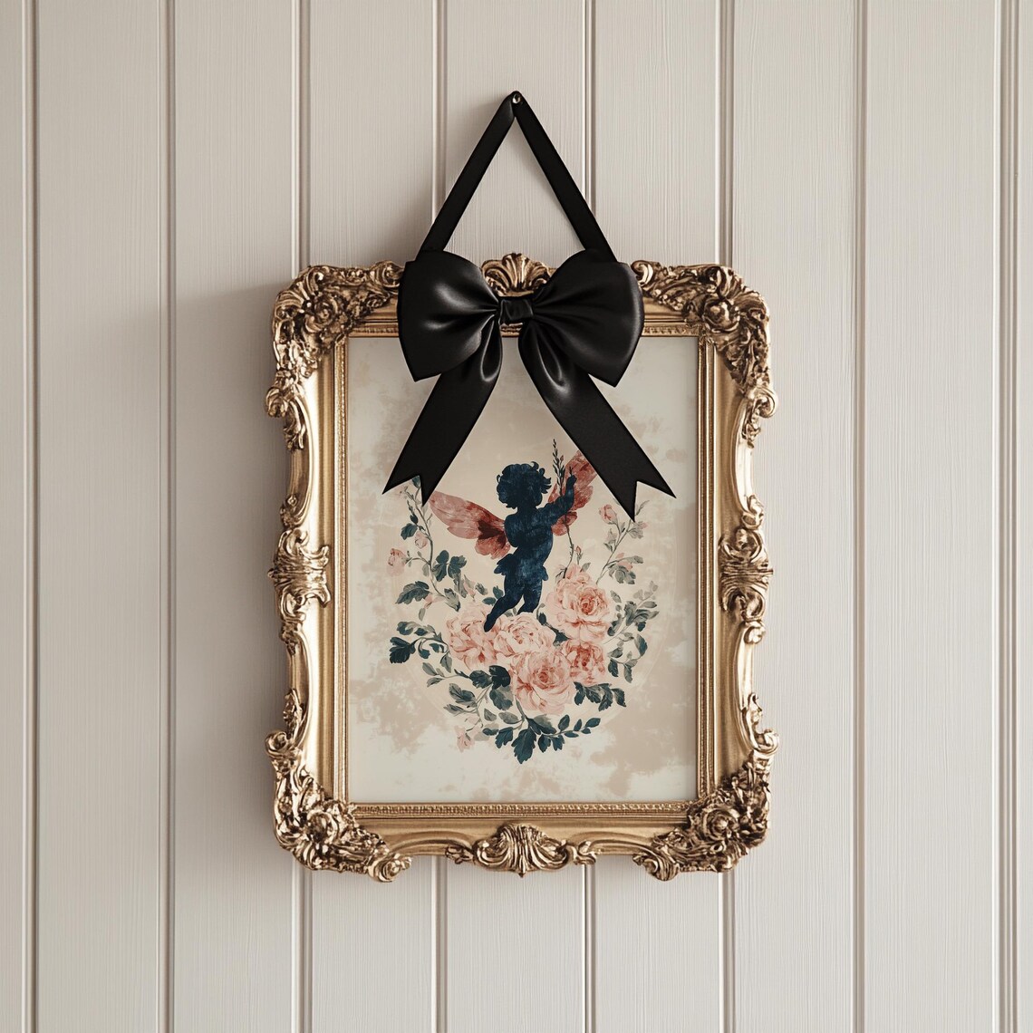Cherub Silhouette with Rose Wings Among Blush Roses Romantic Print - Image 4