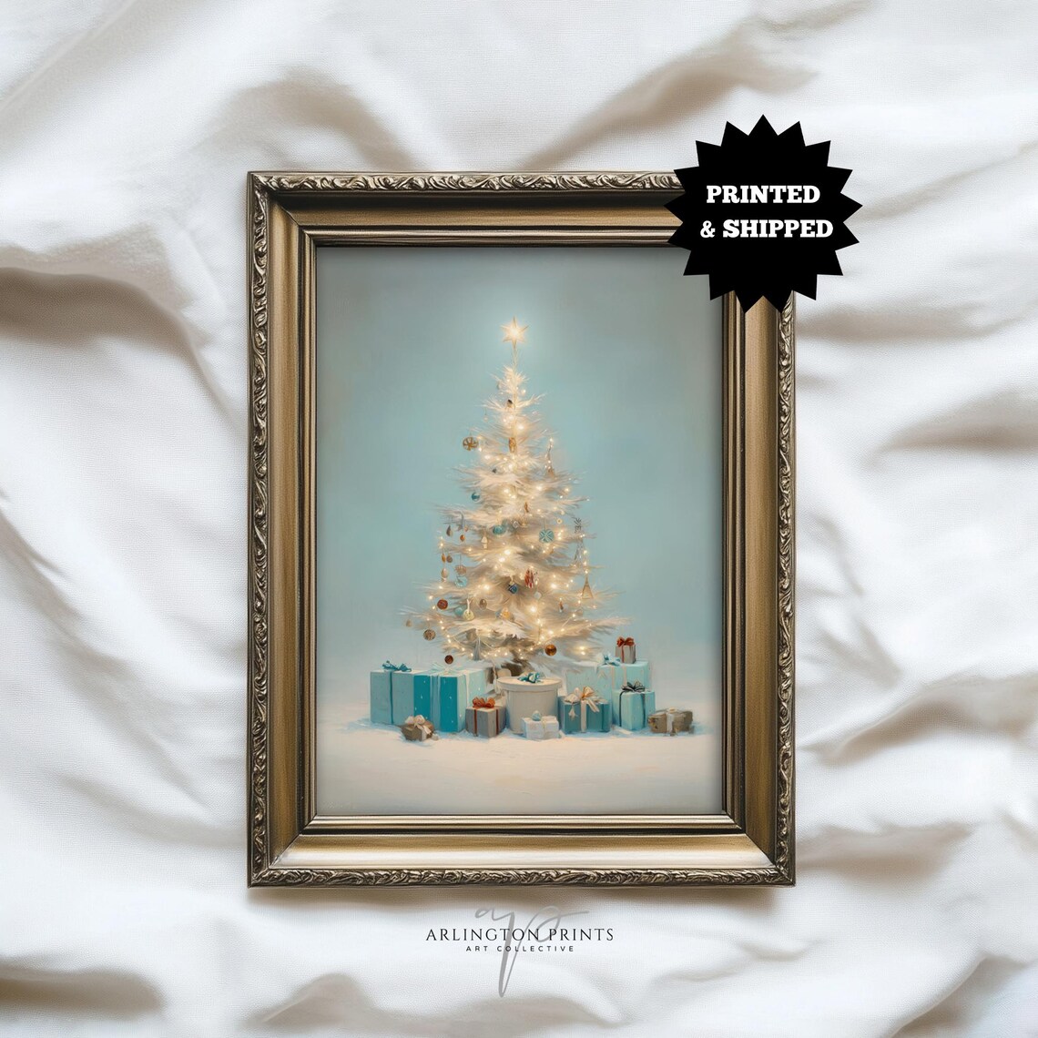 White Christmas Tree Teal Gifts Pastel Holiday Painting Poster