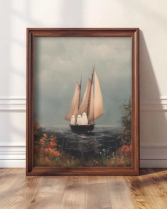 Halloween Ship Wall Art Vintage Sailing Vessel Poster Print Rustic Autumn Haunted Ocean Painting For Spooky Dcor 5011