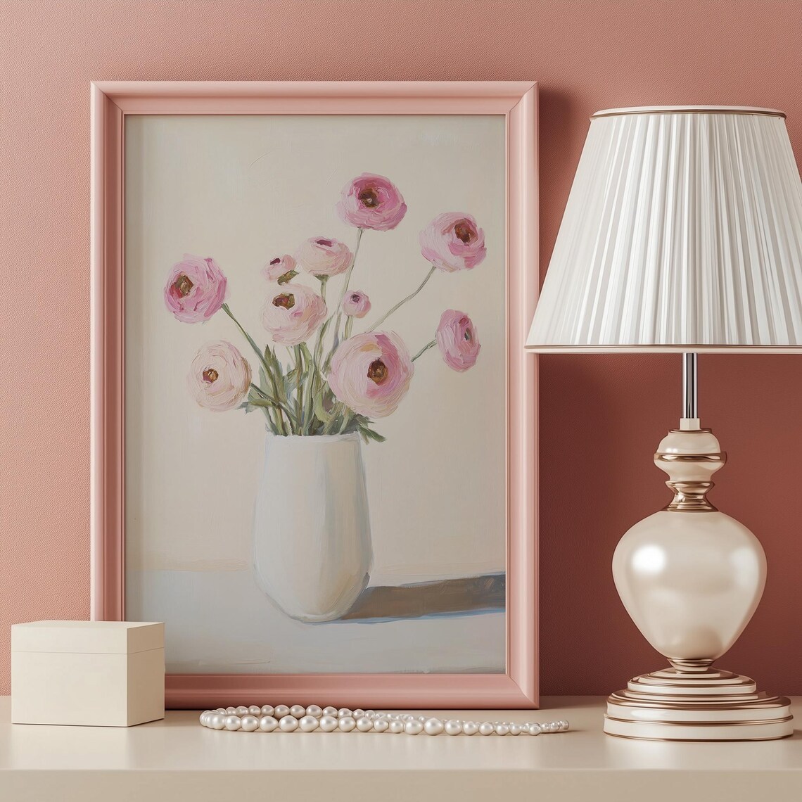 Pink Ranunculus White Vase Loose Oil Painting Floral Art Print - Image 2