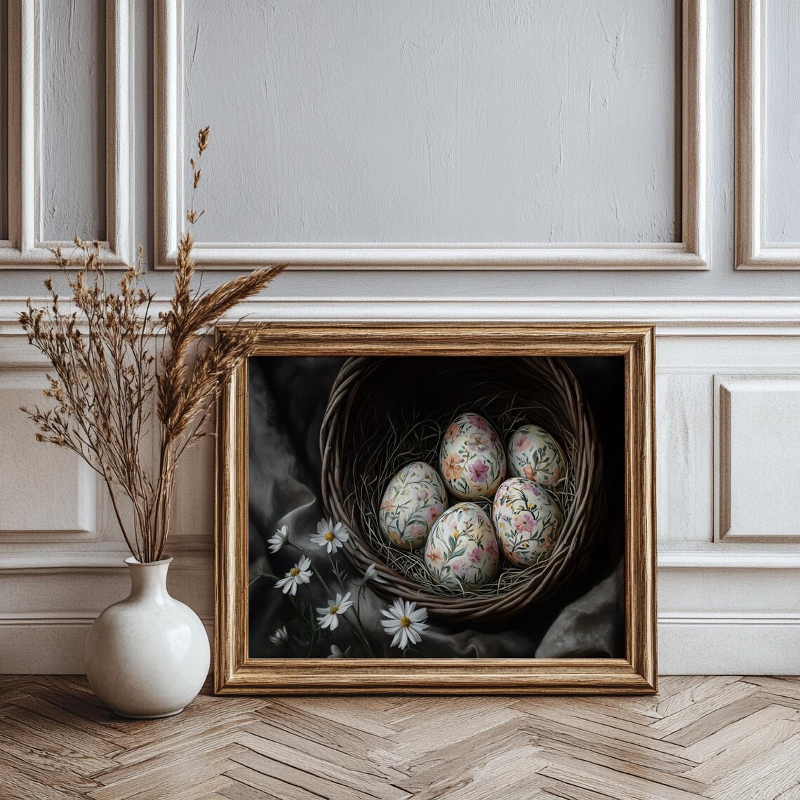 Floral Easter Eggs Wicker Nest Moody Dark Vintage Spring Art Print - Image 3