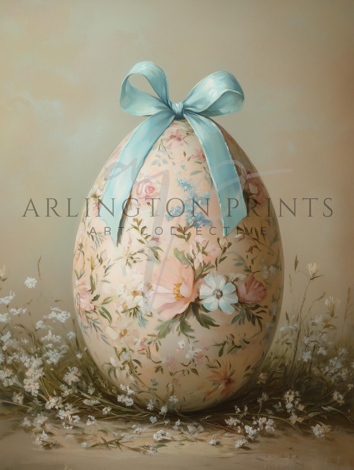 Pastel Floral Easter Egg with Blue Bow among Wildflowers Art Poster - Image 2