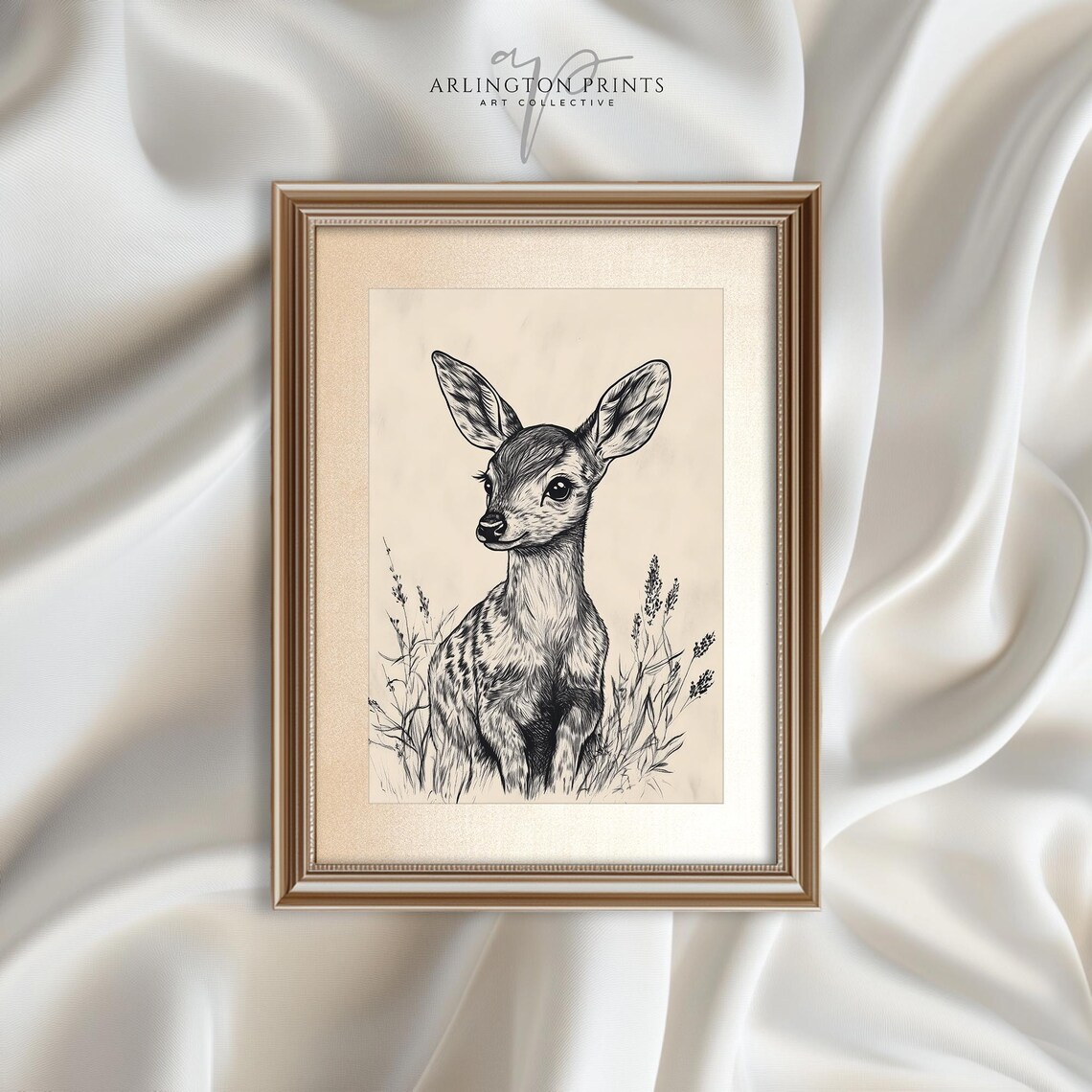 Antique Baby Fawn Sketch Deer Woodland Nursery Vintage Poster - Image 2