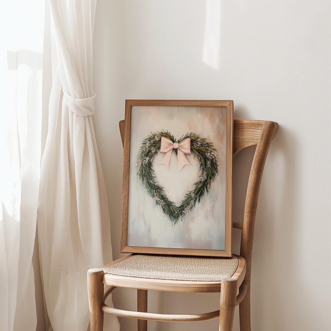 Heart Shaped Greenery Wreath with Blush Pink Bow Romantic Wall Art - Image 2