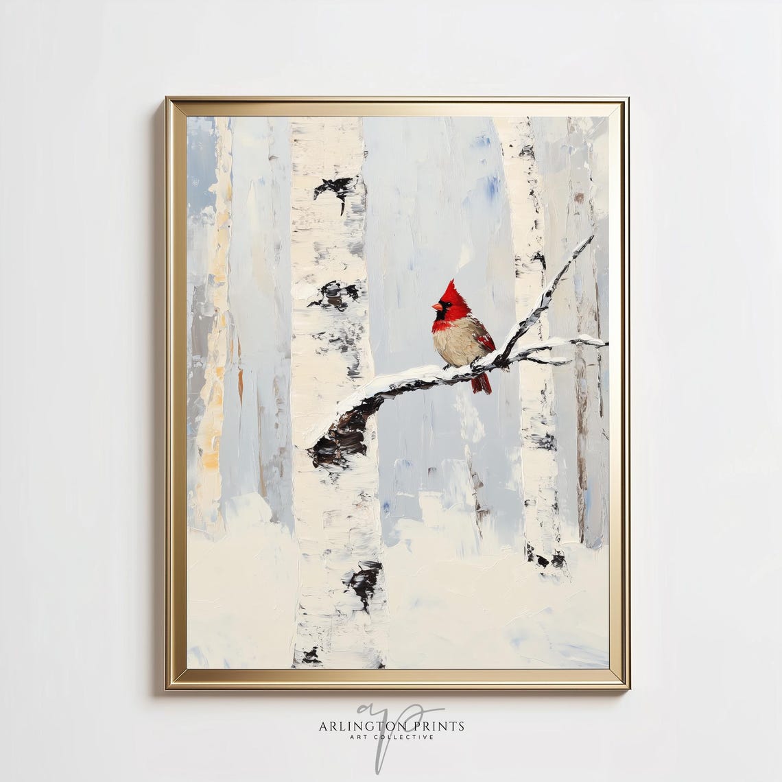 Red Cardinal in Snowy Birch Forest Rustic Winter Bird Poster