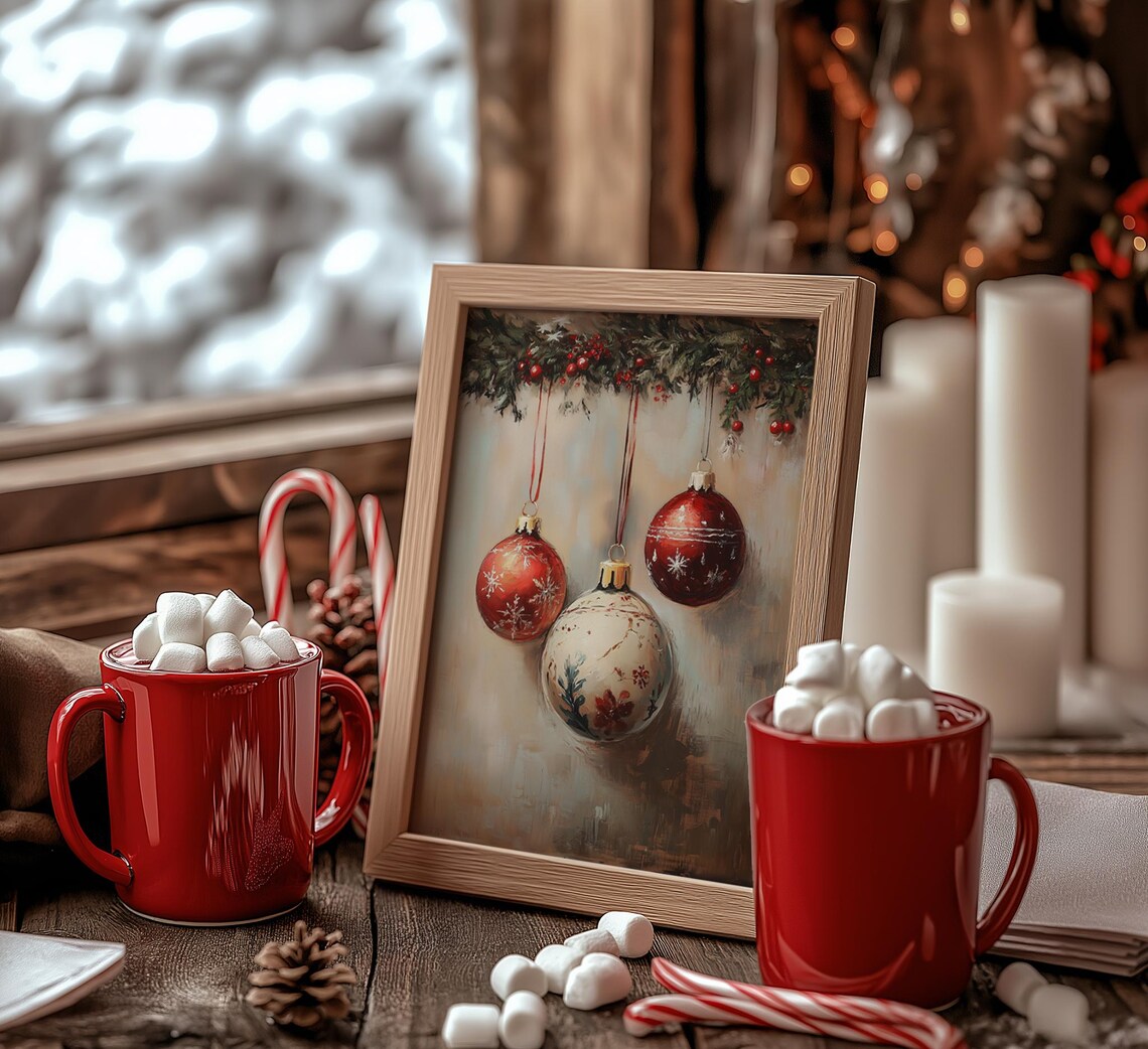Red White Vintage Christmas Baubles Garland Rustic Holiday Wall Print - Image 2
