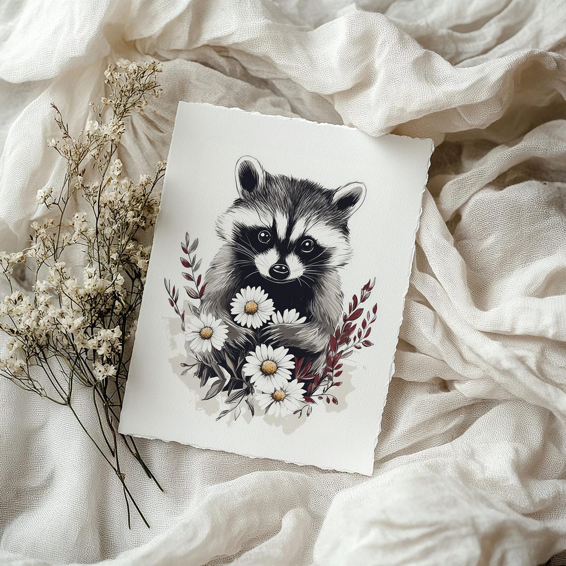 Woodland Neutral Nursery Wall Art Raccoon Sketch Art Country Farmhouse Woodland Animal Print T866 - Image 3