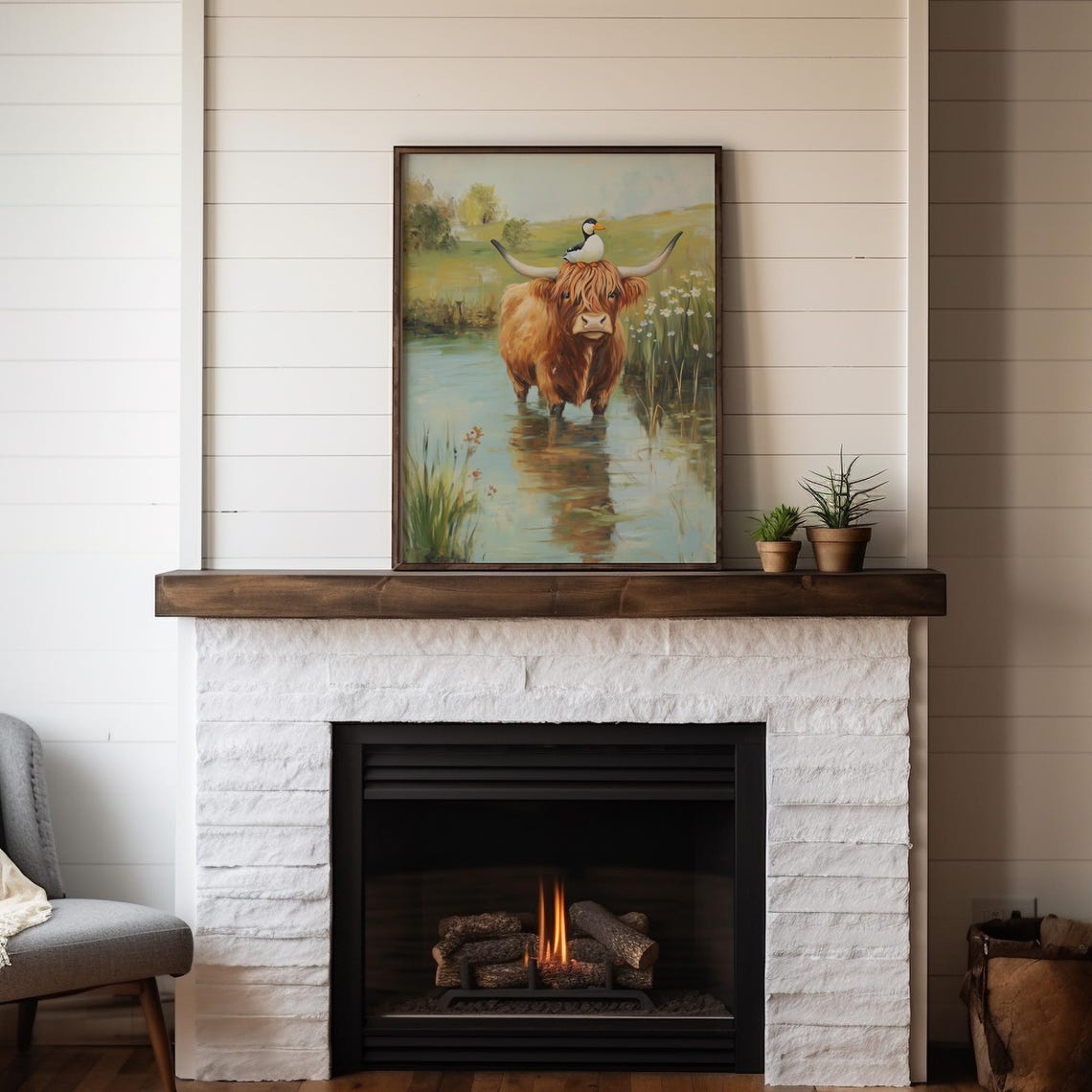 Highland Cow with a Duck on Its Head Wading through a Pond Art Poster - Image 5
