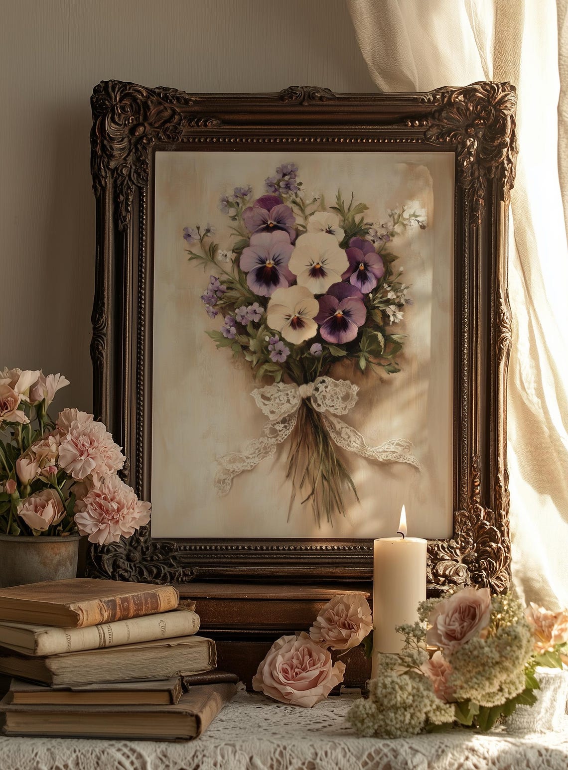 Purple Pansy Bouquet Tied With Lace Bow Vintage Floral Poster - Image 2