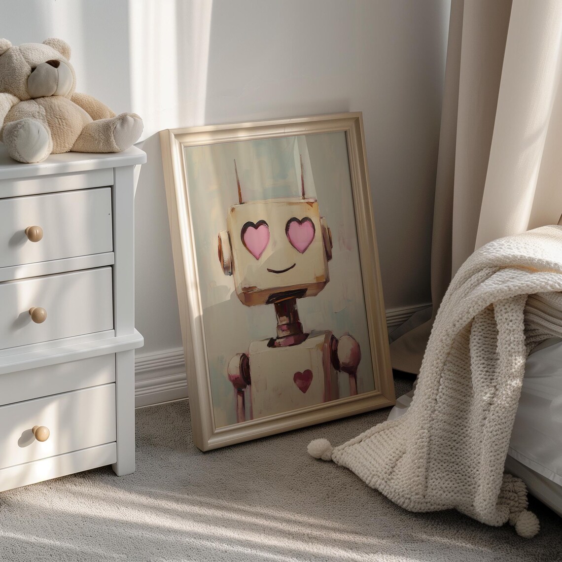Adorable Robot With Pink Heart Eyes Valentine Nursery Wall Art - Image 3