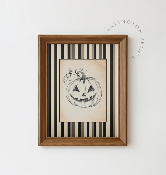 Minimalist Halloween Pumpkin Print Vintage Spooky Fall Wall Art Neutral Trendy Striped Jackolantern Decor 11102