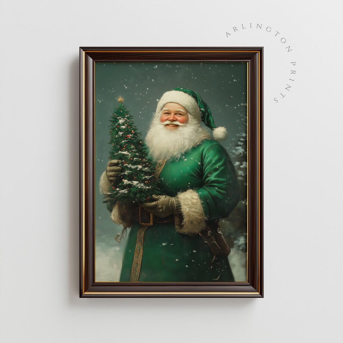 Green Santa Claus Holding Christmas Tree Vintage Holiday Poster