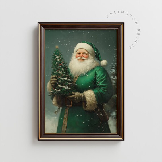 Green Santa Claus Holding Christmas Tree Vintage Holiday Poster