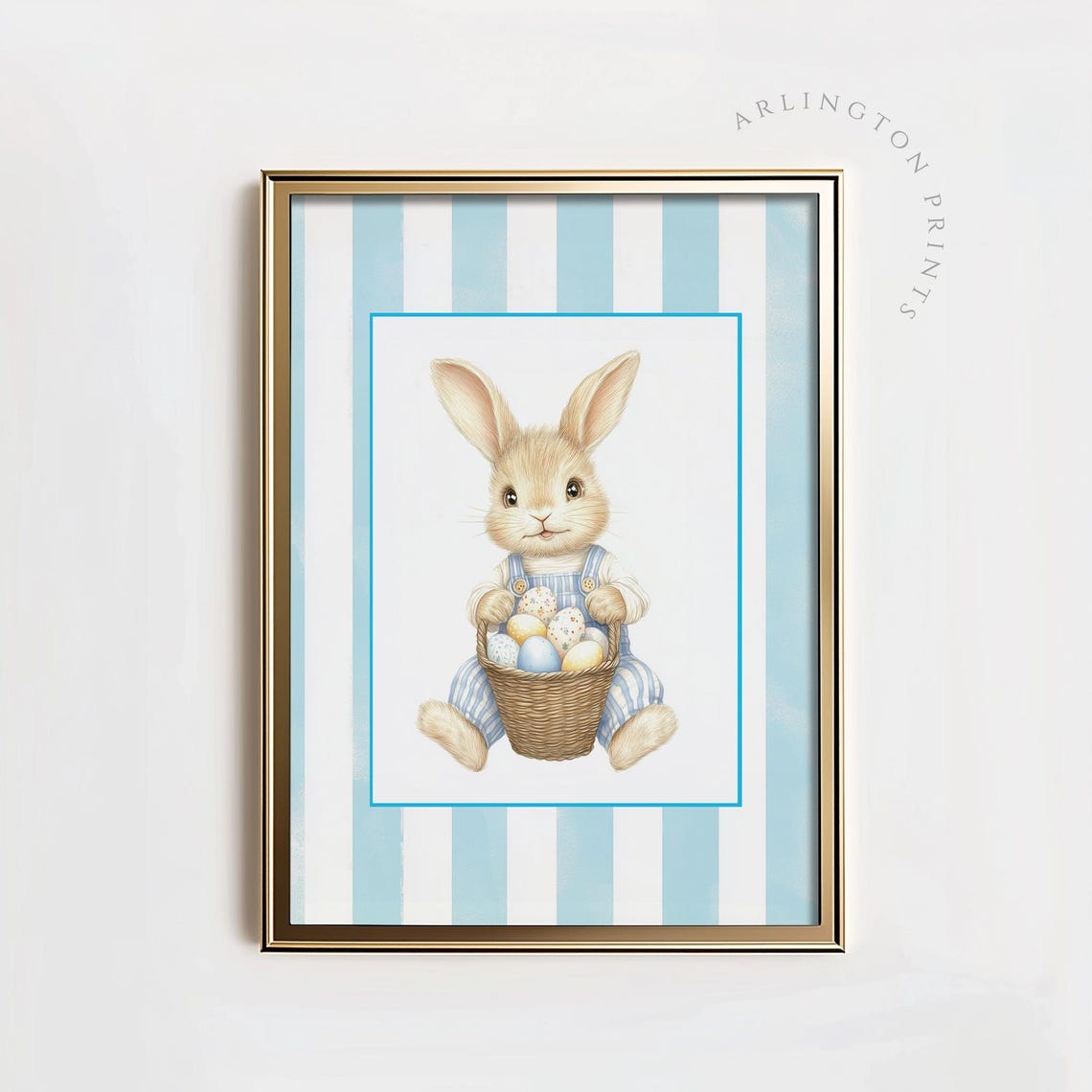 Easter Bunny With Egg Basket Blue Striped Spring Nursery Poster