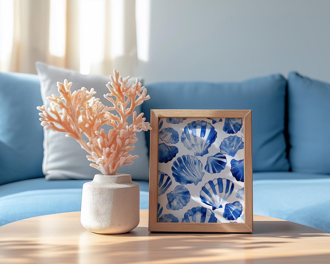 Blue Scallop Seashells Watercolor Pattern Coastal Beach Poster - Image 4