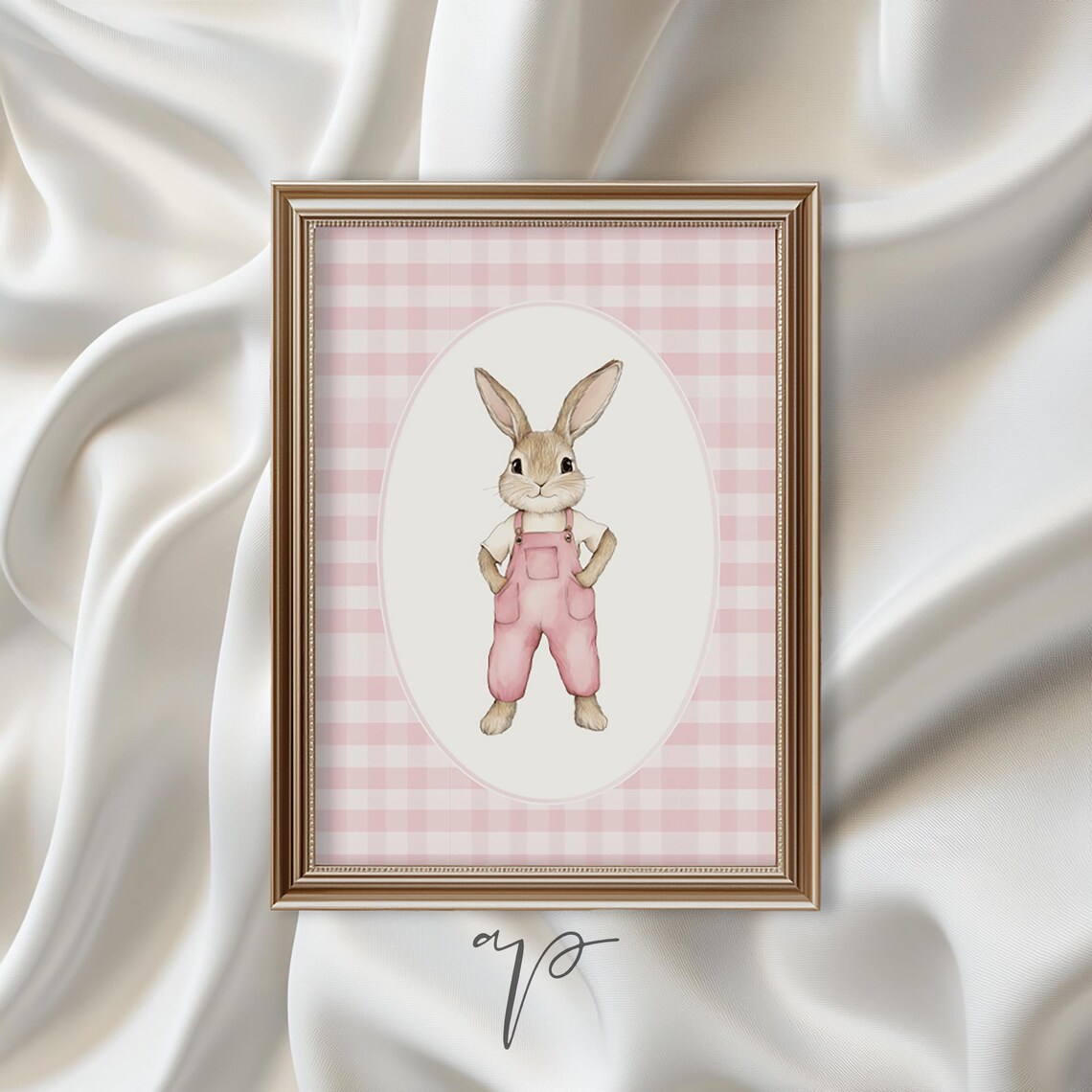 Bunny in Pink Overalls on Gingham Sweet Nursery Rabbit Illustration Print