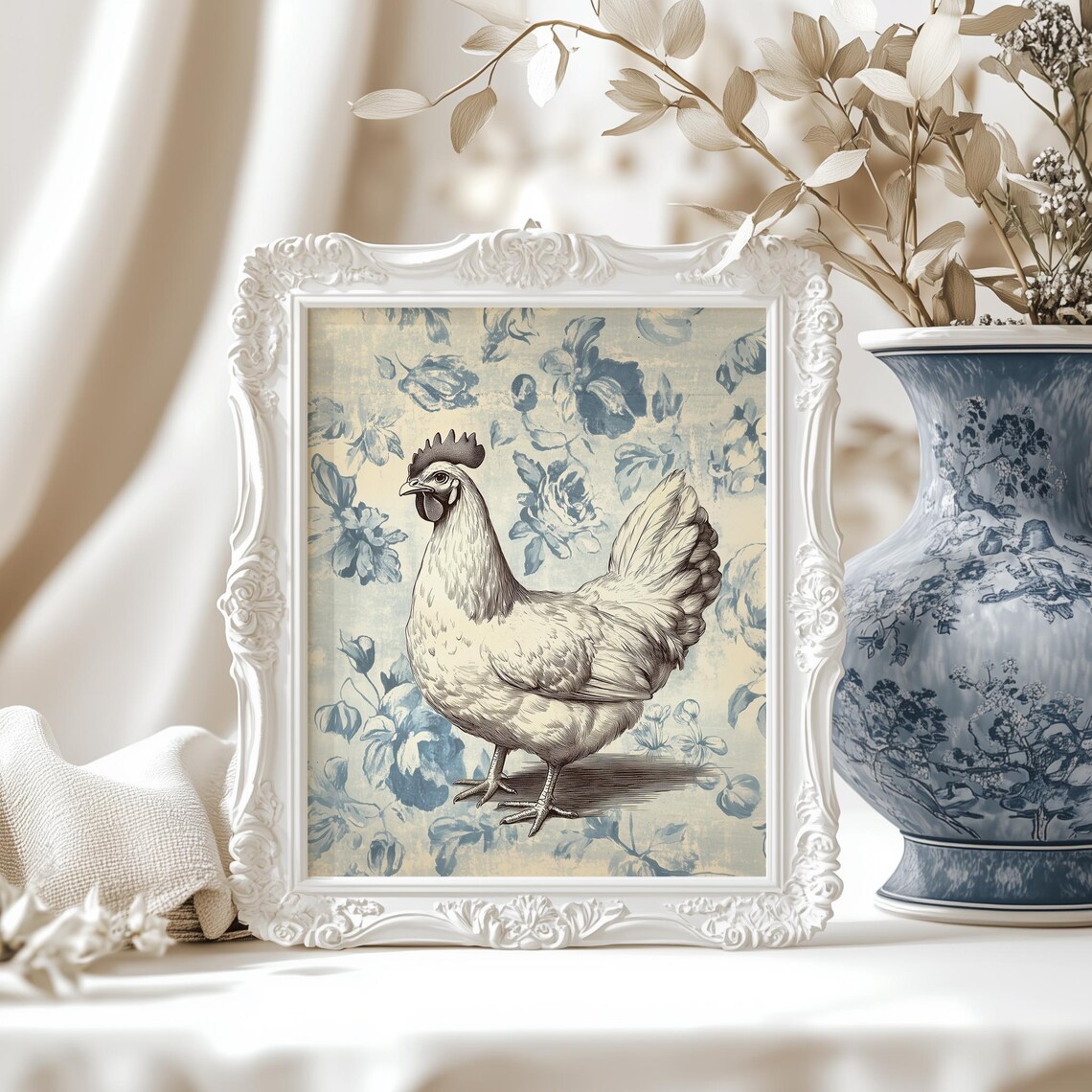 White Hen Blue Floral Toile Vintage French Country Animal Print - Image 2