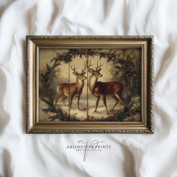 Two Deer Rustic Wood Christmas Snow Scene Vintage Holiday Poster