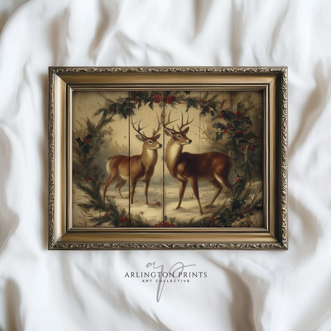 Two Deer Rustic Wood Christmas Snow Scene Vintage Holiday Poster
