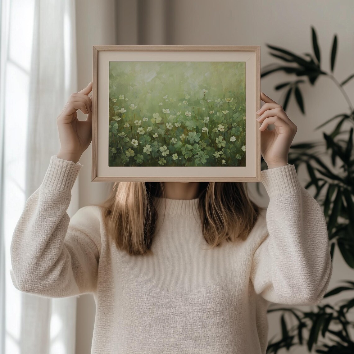 Green Clover Field White Flowers Soft Botanical Peaceful Art Poster - Image 2