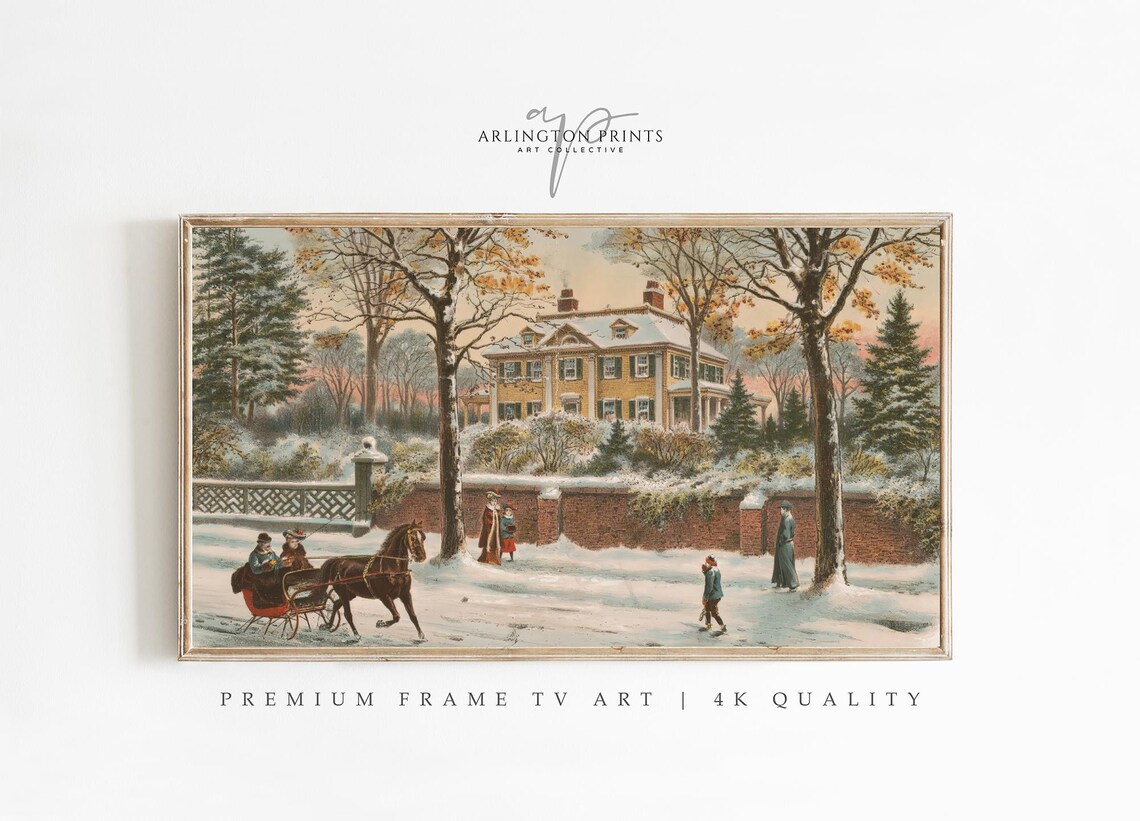 Victorian Manor House Snow Winter Horse Sleigh Vintage Scene Poster
