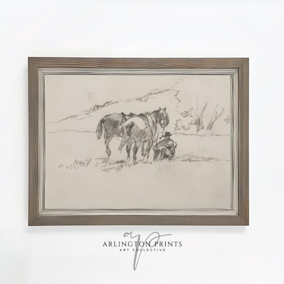 Cowboy Sketch Neutral Western Wall Art Beige Minimalist Cottagecore Art Print Arlington Prints T472