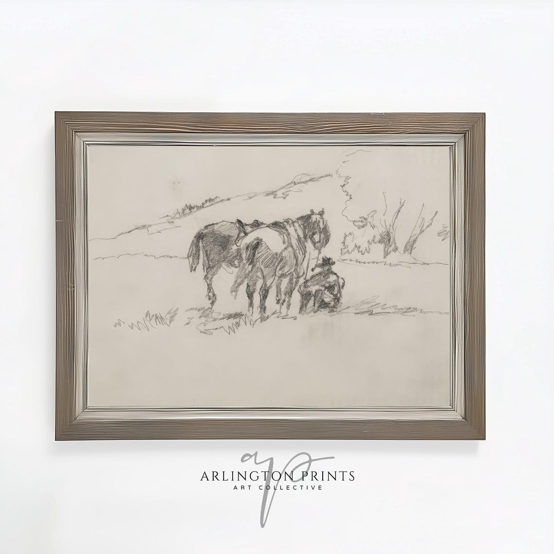 Cowboy with Horses Pencil Sketch Neutral Western Wall Poster