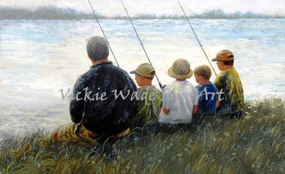 Father Four Sons Fishing Art Print Four Boys Fishing Four Kids Fishing Grandpa Gray Hair Dad Lake Fishing Father Gift Vickie Wade Art