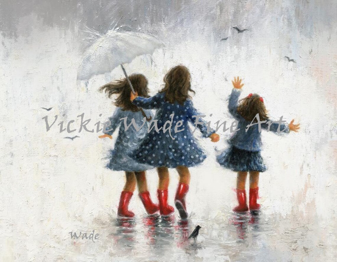 Three Little Girls In Red Rain Boots Sharing An Umbrella Poster