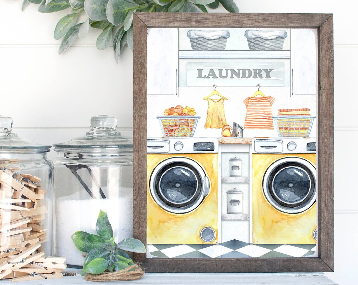 Yellow Watercolor Laundry Room Sign With Washer Dryer Wall Art