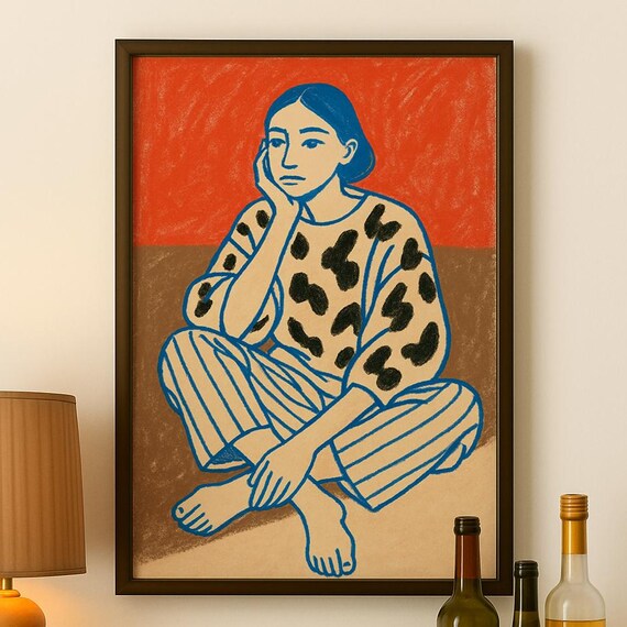 Thoughtful Woman Blue Line Portrait Red Minimalist Contemporary Wall Art