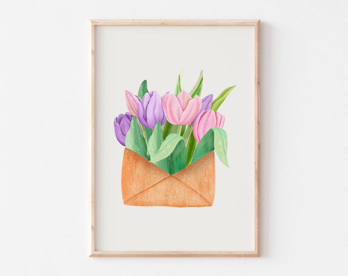 Purple And Pink Tulips In Envelope Watercolor Flower Art Poster