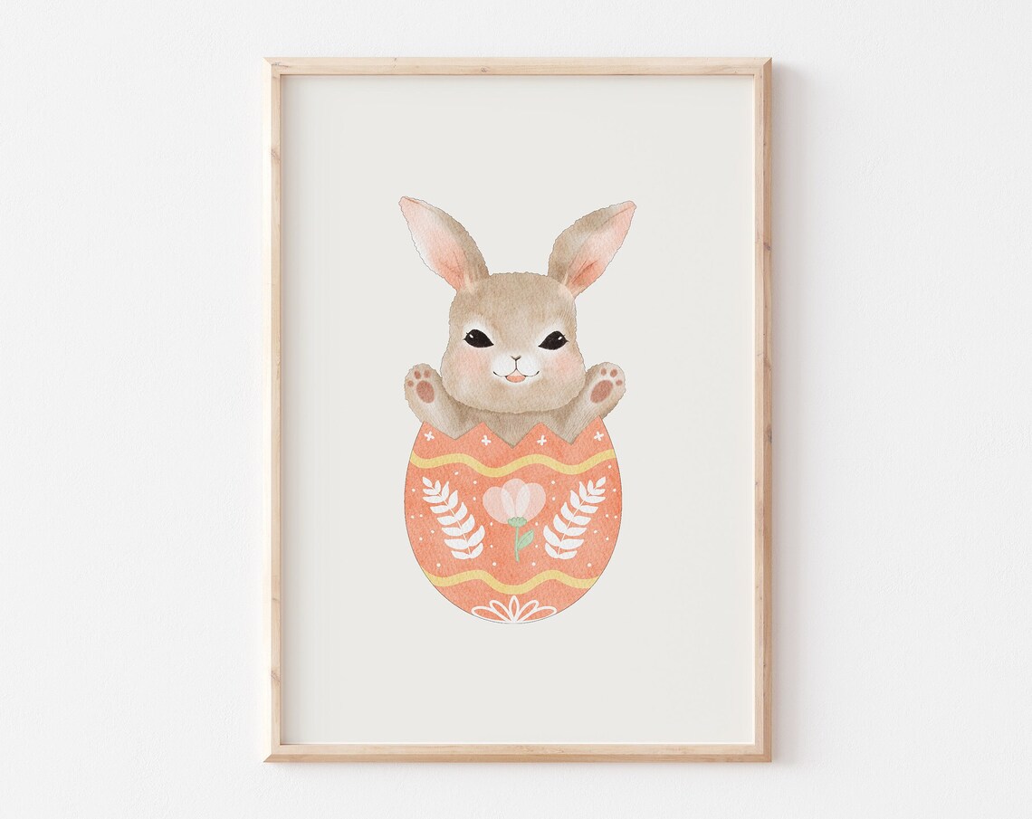 Cute Baby Bunny Popping Out Of Coral Easter Egg Watercolor Poster