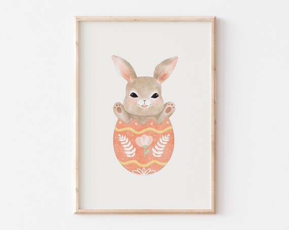 Cute Baby Bunny Popping Out Of Coral Easter Egg Watercolor Poster