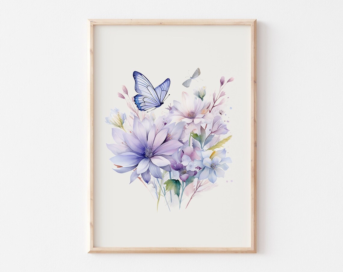 Soft Lavender Blossoms with Butterflies Watercolor Botanical Poster